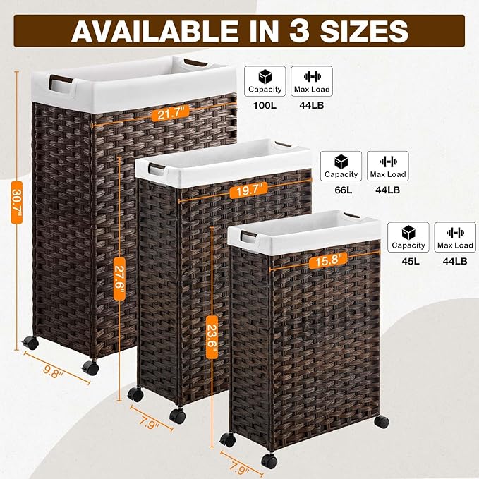 Greenstell Laundry Hamper with Wheels & Handles, 26.4 Gallon (100L) Slim Laundry Basket with 2 Removable Liner Bags & 2 Mesh Bags, Foldable Narrow Clothes Hamper for Bedroom, Bathroom, Closet, Brown