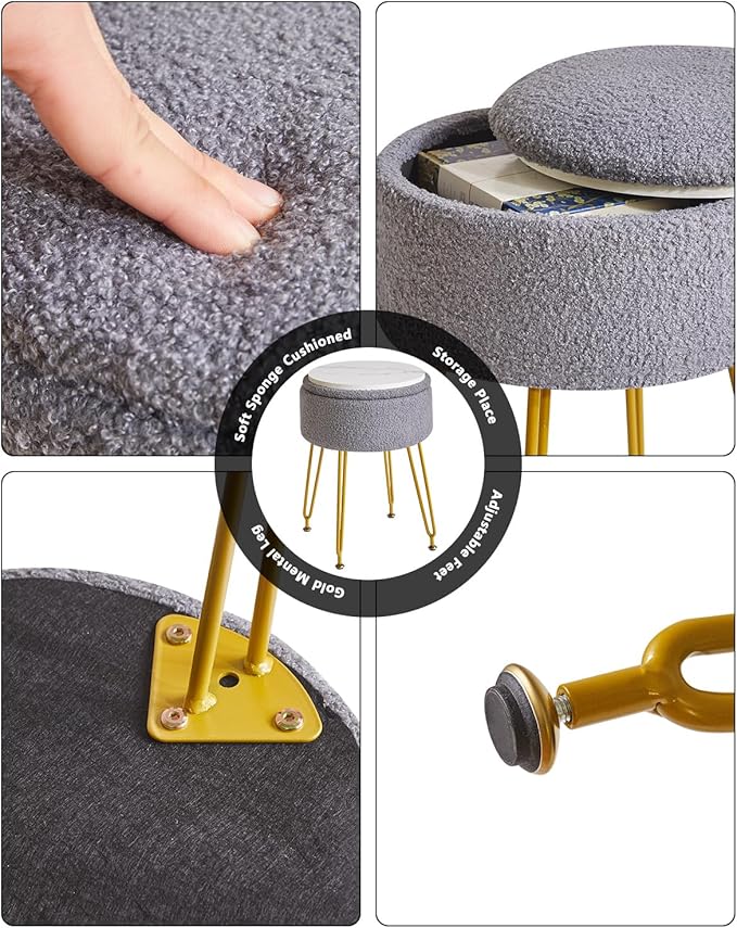 IBUYKE Teddy Velvet Storage Footrest Stool Ottoman, Makeup Vanity Stool Side Table with Removable Cover, Golden Steel Legs, Coffee Table Top Cover, Gray WBD010G