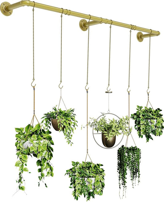 Plant Hanger Indoor, Hanging Planters for Indoor Plants with 6 Hanging Chains, Wall Plant Hanging Rod for Window Ceiling, 65 Inch, Metal/Golden, Pots Not Included