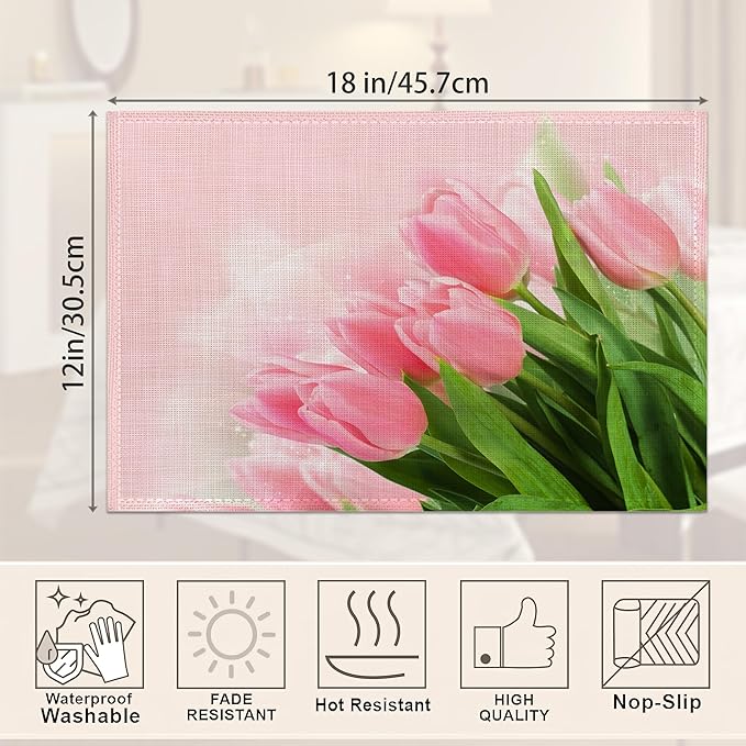 Glitter Pink Tulip Flower Placemats Set of 6, Placemats 12x18 Inch Waterproof Non-Slip Washable Table Mats for Kitchen Dining Party Table Decor,Set of 6