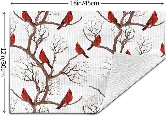 Winter Cardinal Christmas Placemats Set of 4, Red Decorative Place Mats 12x18 Inch Washable Heat Resistant Table Mats for Kitchen Dining Tables Holiday Party Farmhouse Home Decor