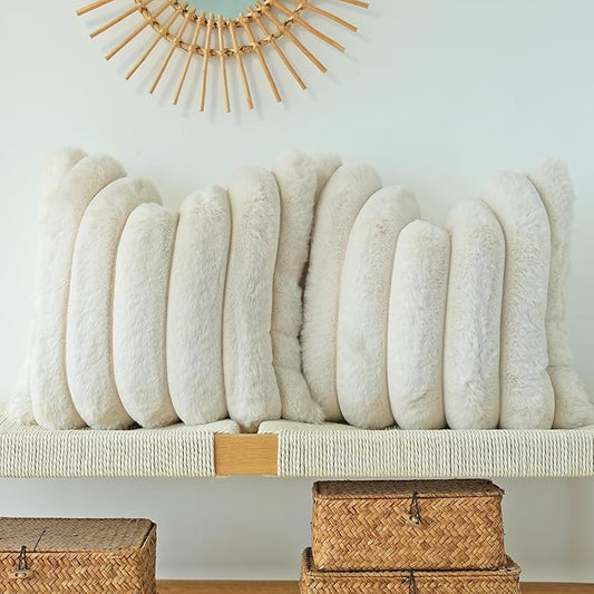 JOJUSIS Pack of 2 Faux Fur Plush Decorative Throw Pillow Covers Couch Cushion Case Soft Fluffy Pillowcases Wide Stripe (Beige, 24 x 24 Inch)
