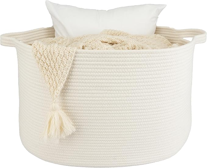 Large Cotton Rope Basket Blankets Basket Living Room 22"x14" Toy Basket for Kids and Dogs Rope Storage Basket for Nursery Woven Laundry Basket for Clothes Towels Baby Toy Storage round white