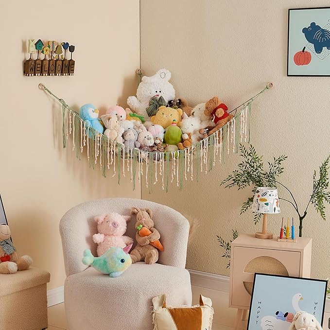 Pretty Jolly Stuffed Animal Storage Hammock with Wooden Beads Corner Hanging Net Boho Tassel for Toy Plush Holder for Kid Room Nursery Decor Wall Display Organizer for Girls Boy Gift(Sage Green)