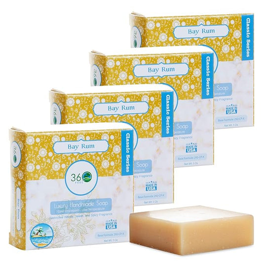 360Feel Bay Rum Soap - Handcrafted Castile Soap Bar with Spicy Scent - Handmade with Bay Rum Essential Oil for Men - A Gift for Anniversaries, Weddings, and Holiday Stockings - Rich Lather - 4 pack