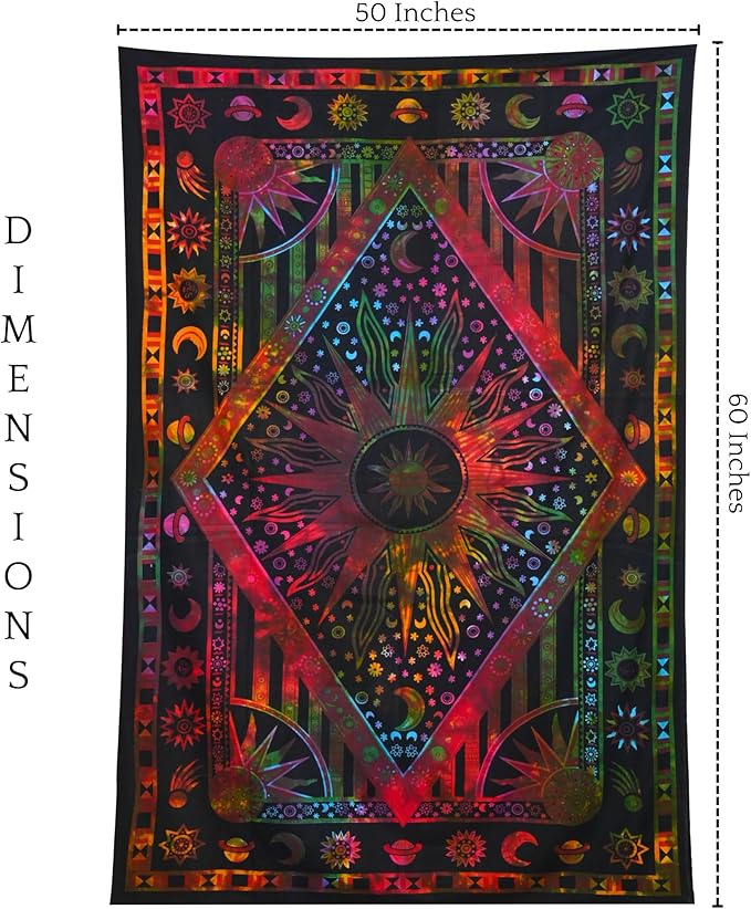 RAJRANG Sun and Moon Tapestry - 50x60 Inches Orange-Multi Cotton Indian Hippie Mandala Psychedelic Burning Sun Wall Hanging Bohemian Bedspread Trippy Celestial Zodiac Tapestries for Bedroom Decor