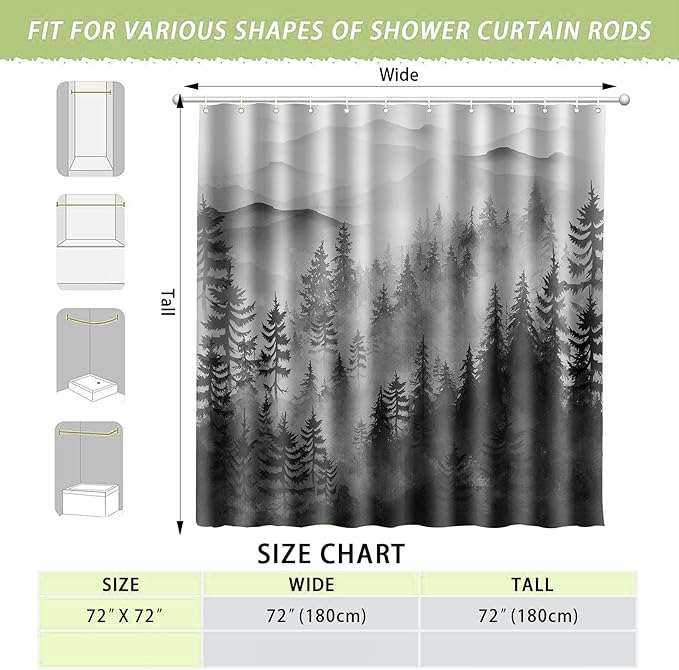 Foggy Mountain Shower Curtain Sets ature Woodland Forest Shower Curtains with 12 Hooks (Forest, 72" x 72")