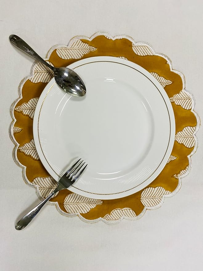 Ridhi Yellow Leaves Bo-ho Round Place Mat Double Layer Floral Cotton Washable Placemats 15" Round Embroidery Block Print Table Mat Pack of 4-15 Inch Round