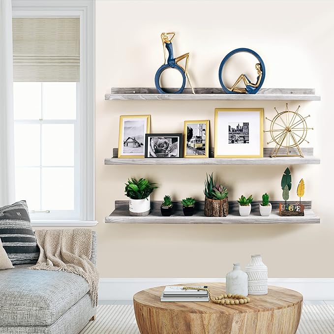 Annecy Floating Shelves Wall Mounted Set of 3, 36 Inch Grey Solid Wood Shelves for Wall, Wall Storage Shelves with Guardrail Design for Bedroom, Bathroom, Kitchen, Office, 3 Different Sizes