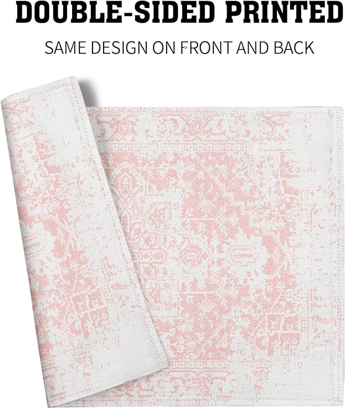 Gray Pink Boho Placemats Set of 6 Ethnic Bohemian Carpet Place Mats Washable Kitchen Dining Vintage Grey Geography Floral Linen Table Mats Stain Heat-Resistant for Home Party Indoor 12x18 in