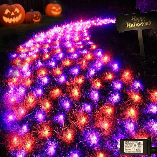Hallloween Net Lights Outdoor, 360LED 21ft x 5ft Purple Orange Mesh Lights with 8 Modes & Timer, Connectable Waterproof Christmas Light for Bushes Xmas Tree Wedding Party Garden Lawn