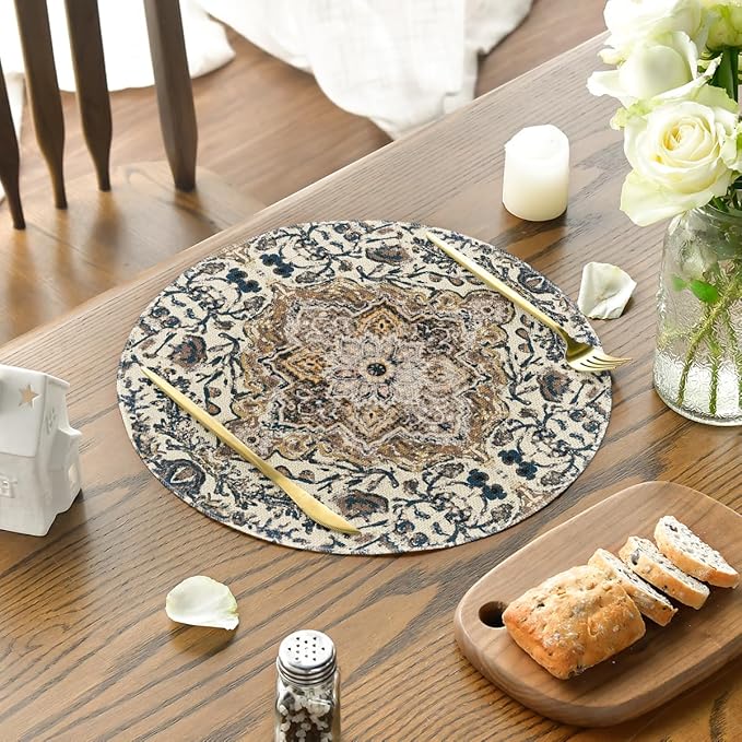 Artoid Mode Boho Round Placemats Set of 4,14 Inch Seasonal Daily Blue Teal Flowers Bohemia Table Mats for Party Kitchen Dining Decoration