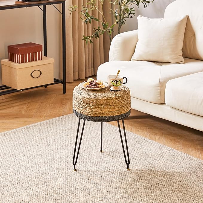 YMYNY Pouf Ottoman, Handmade Natural Water Hyacinth, Pastoral Style Footrest, Footstool with 4 Metal Legs Round Vanity Stool for Bedroom, Hallway, Living Room 12.59"L×12.59"W×17.71"H Black UHBD029B
