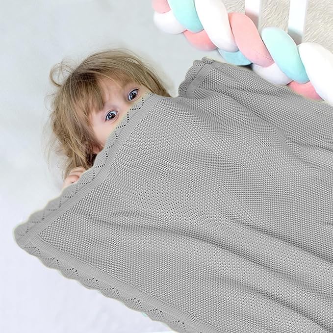 Cotton Baby Blankets 100% Knit Soft Warm Lace Toddler Newborn Nursery Receiving Blankets,30 X 40 Inches, Light Gray