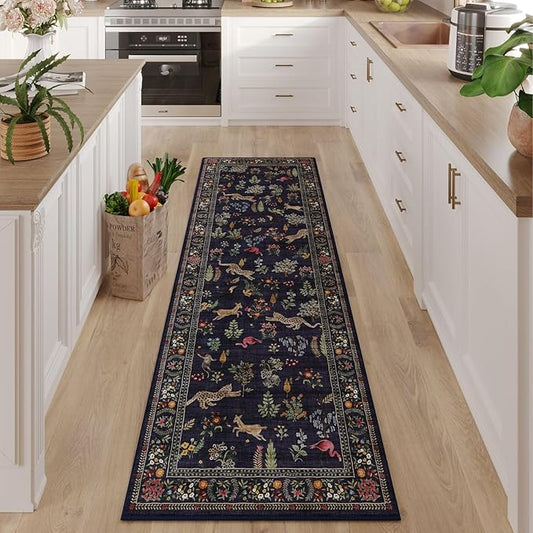 Runner Rug for Kitchen Rug Non Slip 2'x6' Washable Rugs with Rubber Backing Soft Floral Animal Carpet Runner for Kitchen, Laundry, Bedroom, Bathroom (Blue)