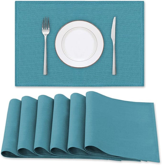 H.VERSAILTEX Linen Placemats Set of 6 Premium Solid Table Mats for Dining Table Spill-Proof Waterproof Heat-Resistant Kitchen Mats Washable, 12x18 inches, Teal