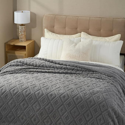 EVERGRACE Jacquard Boho Sherpa Fleece Throw Blanket for Couch, Super Soft Cozy Fuzzy Plush Blankets for Winter, Reversible Thick Warm Blanket for Bed, Sofa, Living Room, Grey, 90" x 90"