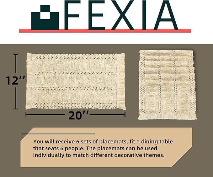FEXIA Boho Placemats Set of 6, Macrame Table Decor and Farmhouse Style Placemats Natural Cotton Burlap, for Dining Table, Beige
