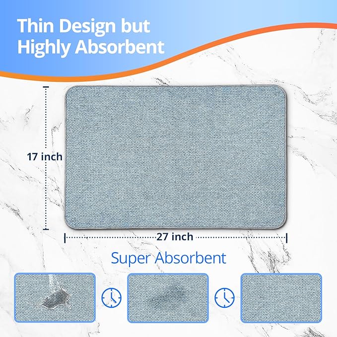 Upgraded Thin Bathroom Rugs, Bath Mat Super Absorbent, Bath Rugs Rubber Backing Non-Slip, Quick Dry Machine Washable, Cozy Cloth Bathroom Mat fit Under Door/Sink/ Bathtub/Shower/Kids 17''x27''-Blue