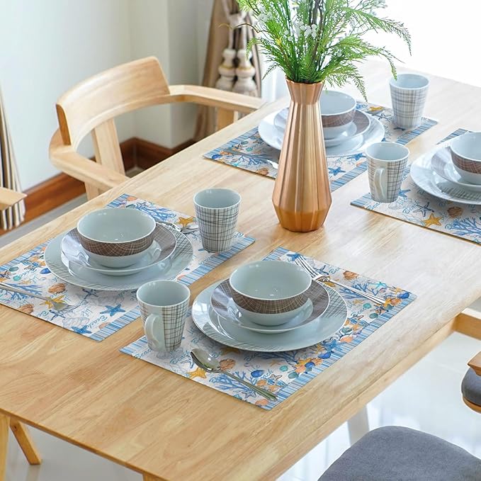 Ocean Starfish Placemats Set of 4 Beach Theme Seashell Coastal Washable Non-Slip Heat Resistant Linen Fabric Summer Thick Place Mats Decorative Table Mat 12×18 Inch for Dining Table Decor