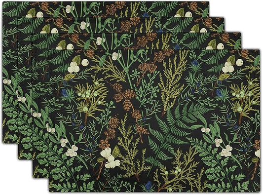 Green Leaves Placemats Set of 4 Botanical Fern Leaf Floral Place Mats Washable Kitchen Dining Spring Summer Black Linen Table Mats Stain Heat-Resistant for Home Party Indoor 12x18 in