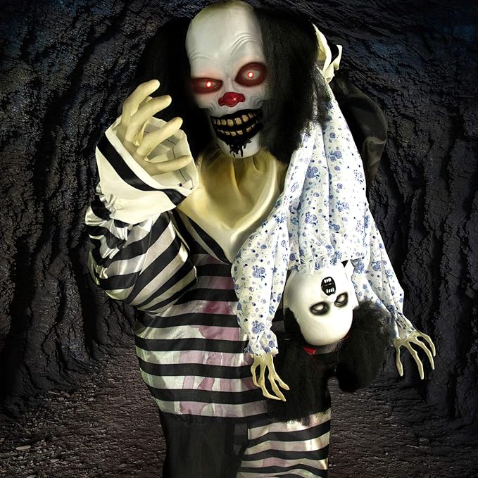 Haunted Hill Farm Life-Size Animatronic Scary Talking Clown with Doll, Motion, Touch Activated Lights, and Sounds, Indoor or Covered Outdoor Halloween Decorations, Battery Operated Halloween Props