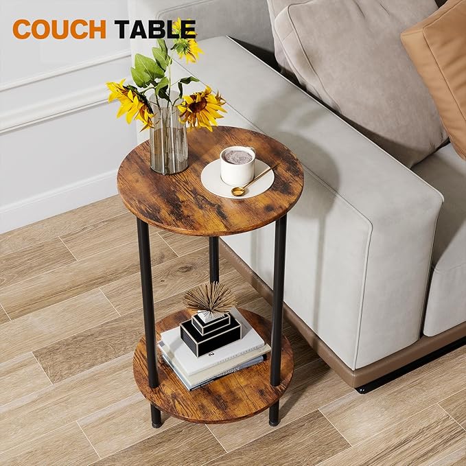 Round Side Table Set of 2, 2-Tier End Table, Small Round Nightstands with Storage Shelf, Modern Accent/Coffee/Bedside Table for Living Room, Bedroom-Brown