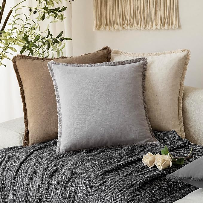 Foindtower Set of 2 Decorative Linen Fringe Lumbar Throw Pillow Covers Farmhouse Cushion Cover with Tassels Accent Pillowcase for Couch Sofa Bed Living Room Home Decor,12×20 Inch,Light Rustic Gray