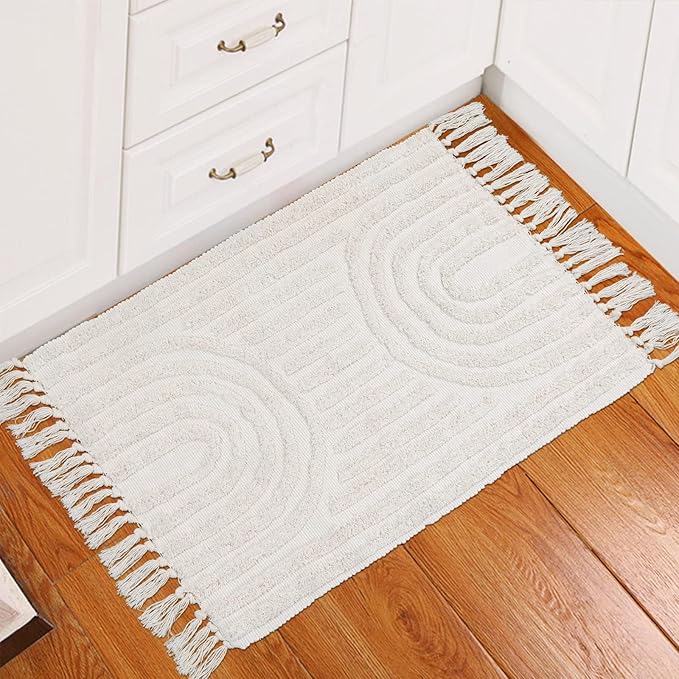 LEEVAN Boho Bathroom Rugs 2'x3', Handmade Washable Beige Bath Mat with Tassels, Bohemian Kitchen Runner, Farmhouse Cotton Entryway Rug for Bedroom/Laundry Room Accent Woven Throw Rug