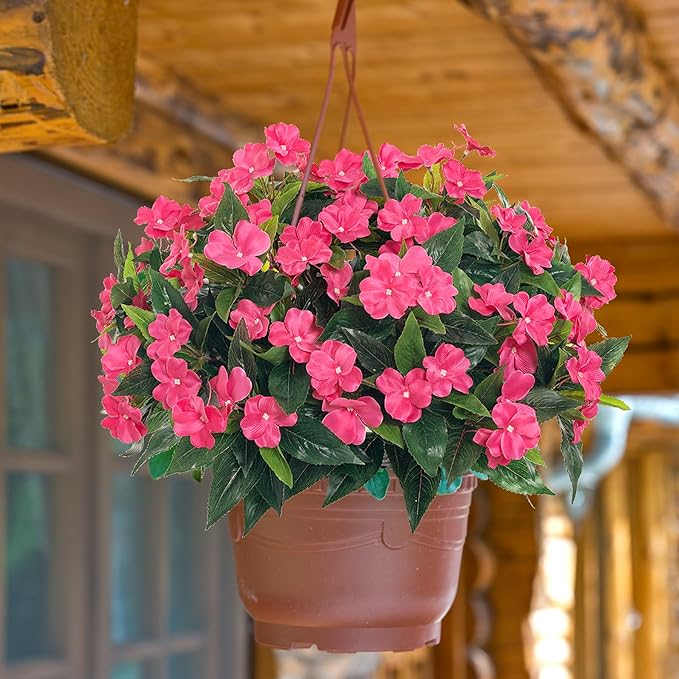 Spring Decorations for Home Flowers Fake Plants Fake Flowers Artificial Impatiens Bouquet Flowers for Outdoors Silk Faux Flowers Impatiens Plants Decor Indoor Planters 15.7" (Rose Red) 8PCS