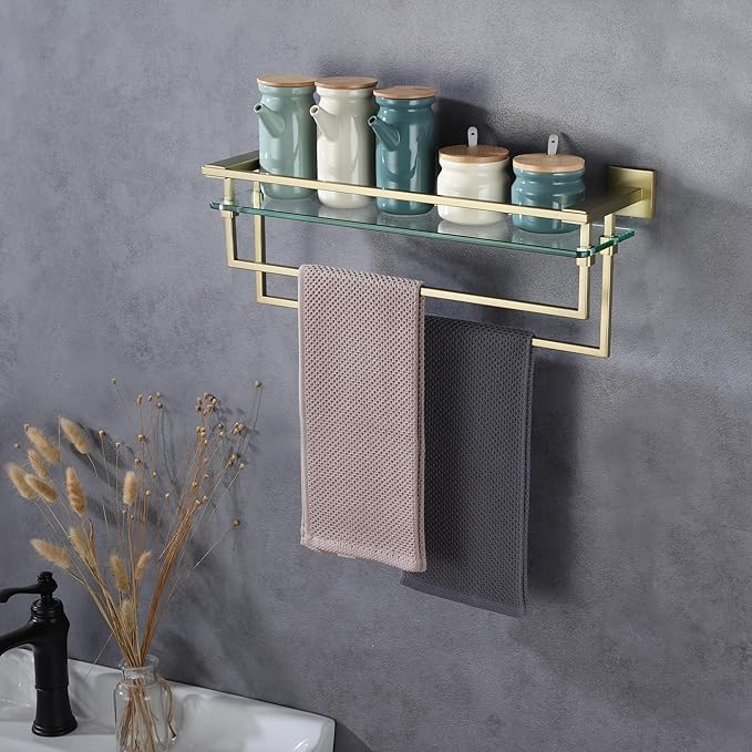 Bathroom Glass Shelf with Towel Bars 20-Inch Floating Tempered Glass Shelves with 2 Towel Rails Brushed Gold Cologne Shelf for Men Shower Bath Storage Glass Rack Wall Mount Heavy Duty，A7617BG