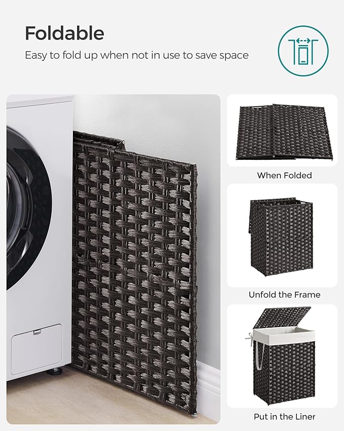 SONGMICS Laundry Hamper with Lid, 23.8 Gallon (90 L) Synthetic Rattan Clothes Laundry Basket with Lid and Handles, Foldable, Removable Liner, Black ULCB51BK