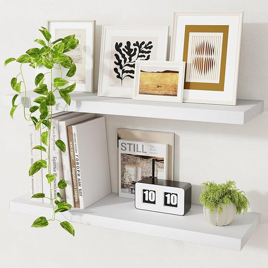 Marsmiles Wood Floating Shelves for Wall Storage, 24 inch Wide Set of 2, Invisible Wall Mounted Rustic Wooden Display Shelves for Living Room Bathroom Bedroom Kitchen Office,White