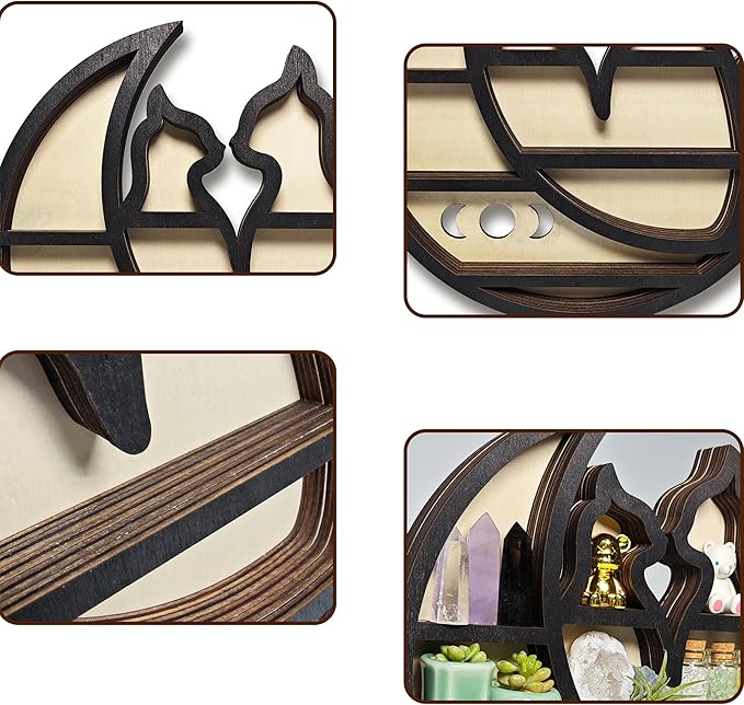 Crystal Display Shelf for Wall, Cats on The Moon Shelf, Crescent Moon Phase Cute Home Decor Wooden Rock Display Shelf Crystal Holder Stone Storage Aesthetic Hanging Floating Organizer