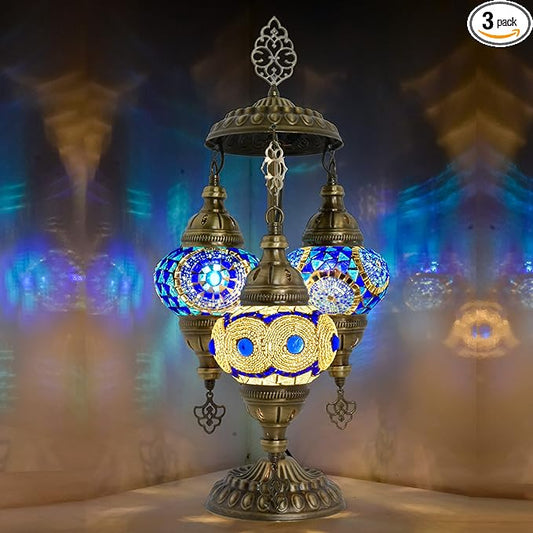 mozaist 3 Light Moroccan Mosaic Table Lamp, Stained Glass Boho Style Turkish Desk Lamp, Farmhouse Antique Living Room, Office Decorative Vintage Lighting with US Plug & E12 Socket (Blue & White)