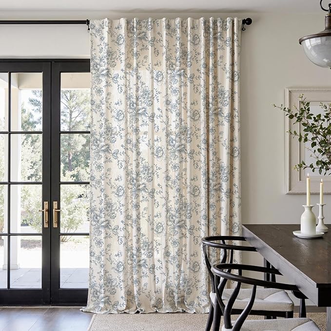 jinchan Linen Floral Curtains Extra Wide for Patio Sliding Glass Door Room Divider Curtain for Living Room 108 Inch Length Farmhouse Peony Blue Printed Curtain Set 1 Panel