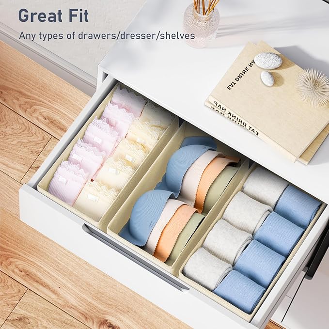 DIMJ Drawer Organizer - Small Clothes Organizer Set of 3, Drawer Dividers for Baby Clothes, Underwear, Socks, Bra, Belt, Tie - Beige