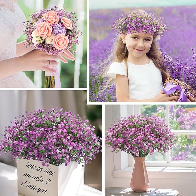 N&T NIETING Babys Breath Artificial Flowers Bulk, 10Pcs Fake Gypsophila Bouquet Flowers Real Touch Faux Babies Breath Arrangement for Wedding Floral Party Home Centerpieces Vase Decoration, Purple