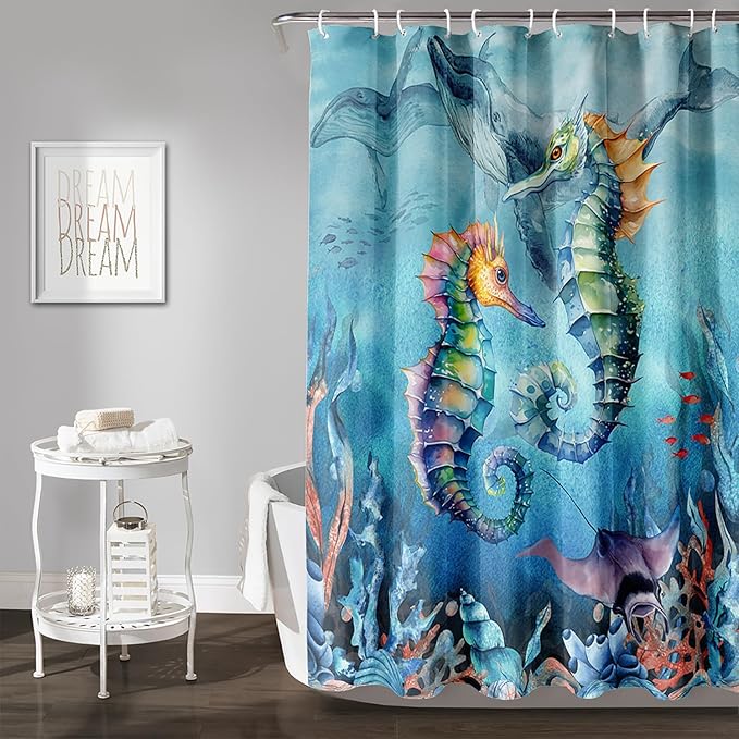 AILONEN Seahorse Shower Curtain for Bathroom,Watercolor Seahorse Bath Curtain,Blue Ocean Animal Whale Coral Fish Shower Curtain Waterproof with 12 Plastic Hooks, 72" W*84" H
