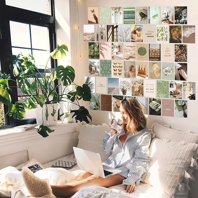 KOSKIMER Boho Wall Collage Kit Aesthetic Pictures, 50 Set 4x6 Inch, Earthy Room Decor Aesthetic, Saga Green Photo Collage Kit, Boho Posters for Teen Girl Dorm Bedroom, Trendy Collage Wall Decor