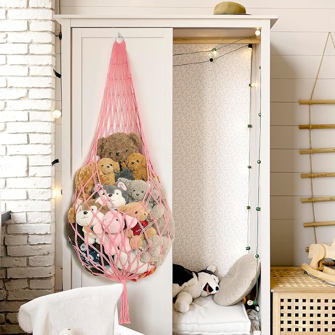 Stuffed Animal Net or Hammock Corner Hanging Net for Stuffy Animal Storage Macrame Toy Display Plush Toy Holder Wall Pet Net for Nursery Kid Bedroom Decor Playroom Organizer (Pink)