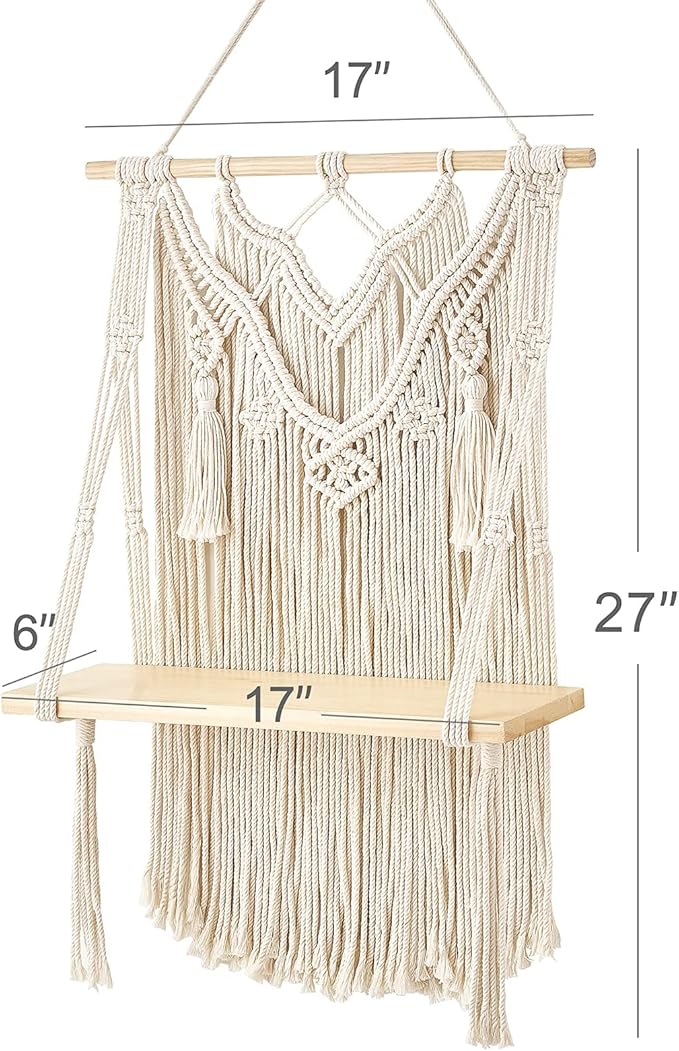 Mkono Macrame Wall Hanging Shelf Boho Decor Wood Floating Shelf for Bedroom Living Room Nursery Bathroom, Handmade Woven Rope Storage Rack for Photo Frames Plant Display