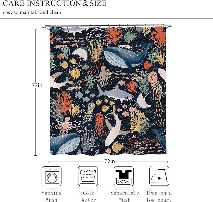 Kids Shower Curtain, Cartoon Fish Shark Whale Ocean Theme Sea Animal Shower Curtain for Bathroom 72x72 Cute Underwater Marine Bathtub Curtain Girls Boys Bathroom Decor