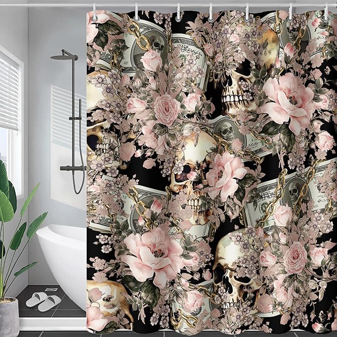 AILONEN Sugar Skull Shower Curtain for Bathroom,Romantic Rose Flower Bath Curtain for Girls Women,Money Skull Skeleton Print Waterproof Curtain with 12 Plastic Hooks, 60" W*72" H