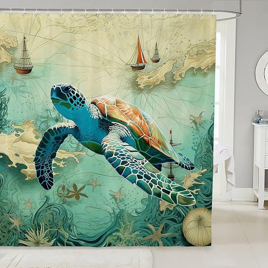 Feelyou Sea Turtle Shower Curtain 72"x84" Kids Sailboat Printed Bathroom Shower Curtain Set for Boys Girls Teens Ocean Themed Bath Curtain Marine Life Sealife Bathroom Accessories