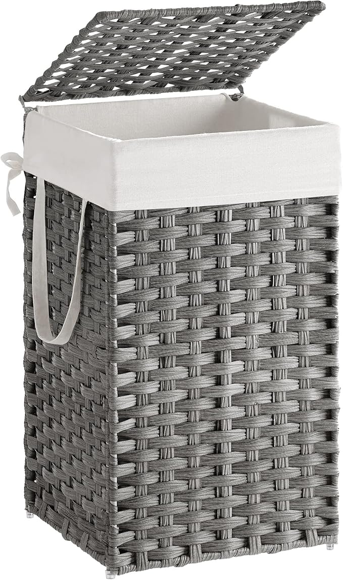 SONGMICS Laundry Hamper with Lid, 17.2 Gallon (65 L) Synthetic Rattan Clothes Laundry Basket with Lid and Handles, Foldable, Removable Liner, Dove Gray ULCB165G01