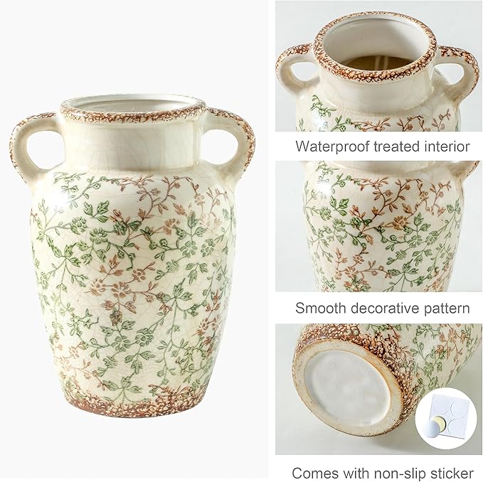 Enra Farmhouse Vintage vase with Handle,9.4 in Ceramic Chinoiserie Floral Vase,Green and Beige Decorative Flower vase,Large Rustic Vases for Home Decors, Living Room, Bookshelf, Office