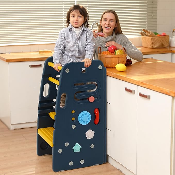 SDADI Multifunctional Toddler Tower with Double Safety Rails - Adjustable & Non-Slip for Kitchen and Bathroom Use - Montessori Step Stool for Kids, Dark Blue and Yellow