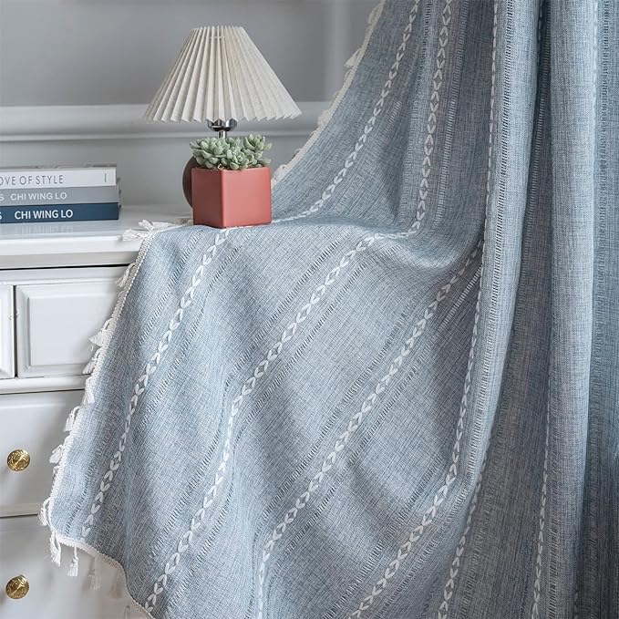 ColorBird Boho Curtains for Bedroom, 96 inch Blue Striped Room Darkening Linen Curtains & Drapes, 2 Panels Embroidered Window Curtain Panels for Dining Living Room Nursery Doorways
