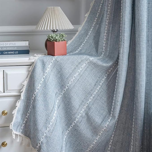 ColorBird Boho Curtains for Bedroom, 96 inch Blue Striped Room Darkening Linen Curtains & Drapes, 2 Panels Embroidered Window Curtain Panels for Dining Living Room Nursery Doorways